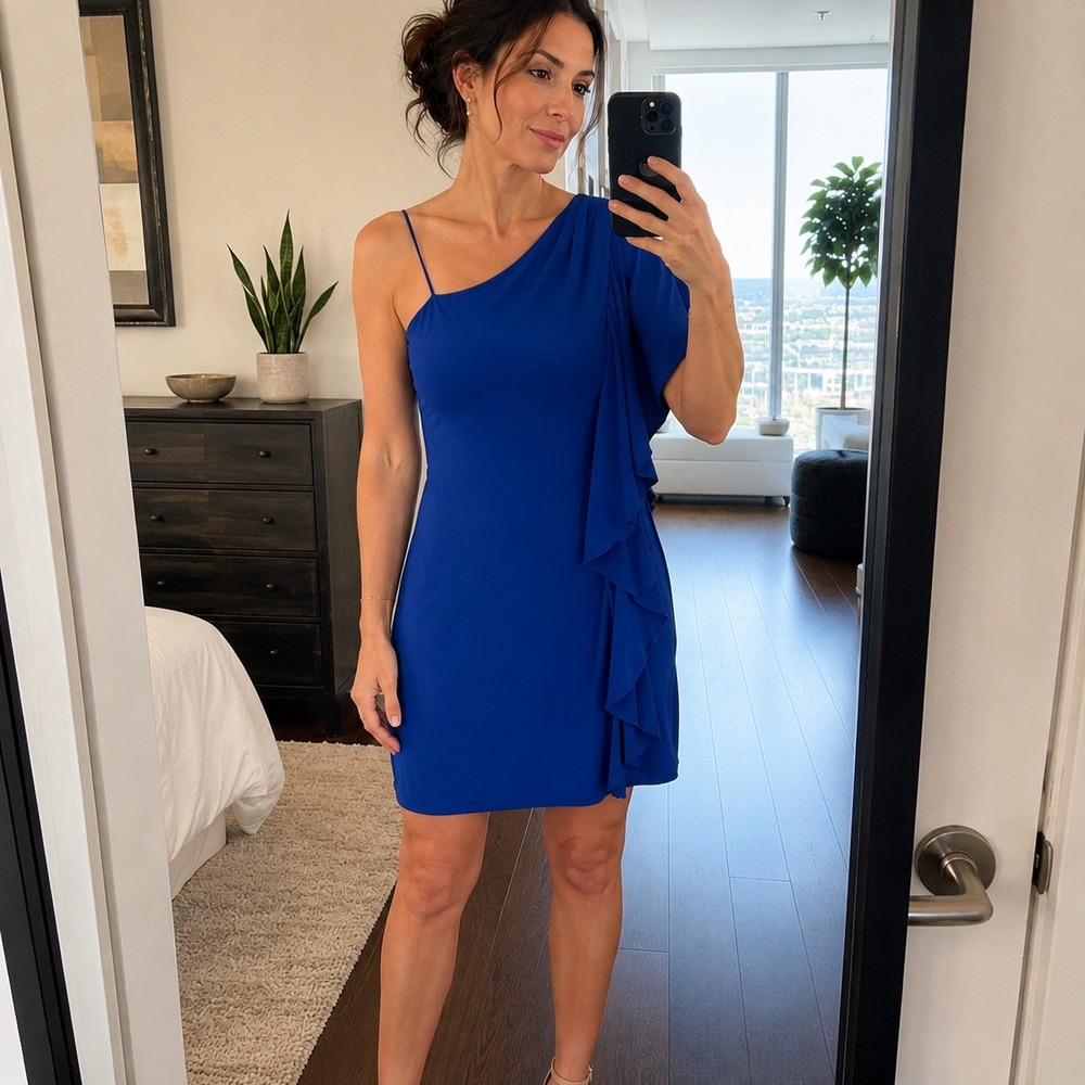 Enfocus Studio Royal Blue One Shoulder Ruffle Cocktail Dress Women's 6
